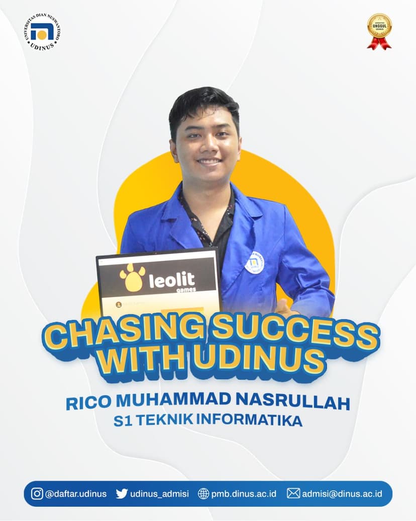 Daftar Udinus on Instagram: "Halo calon Dinusian, Yuk kenalan dengan Rico Muhammad Nasrullah, mahasiswa S-1 Teknik Informatika yang berprestasi ini 😉 Selain berkuliah di Udinus, Rico berhasil memanfaatkan ilmunya dengan menjadi Co Founder studio pembuatan game. Wah keren banget ya Rico, 2 jempol buat kamu 👍👍 Yuk raih prestasimu bersama Udinus 🏆